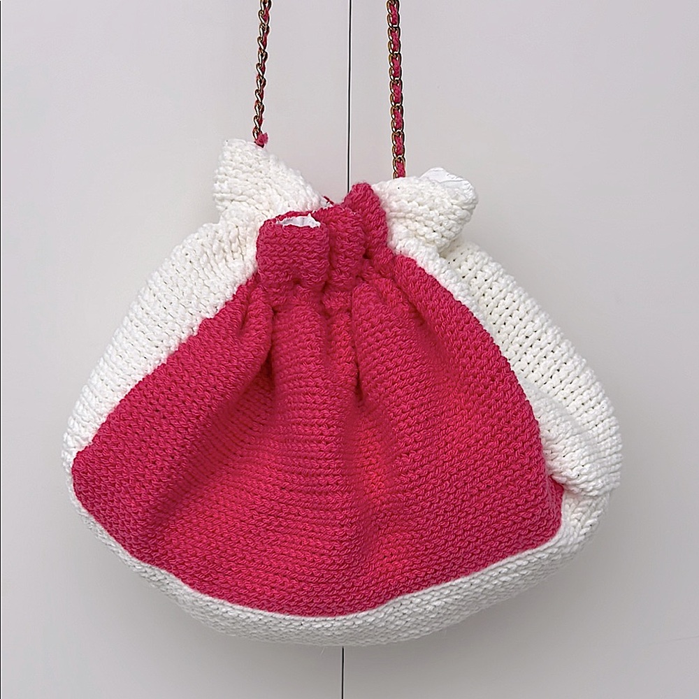 Pink & White Soft Crochet Colorblock Shoulder Bag with Gold Chain - Picture 4 of 10